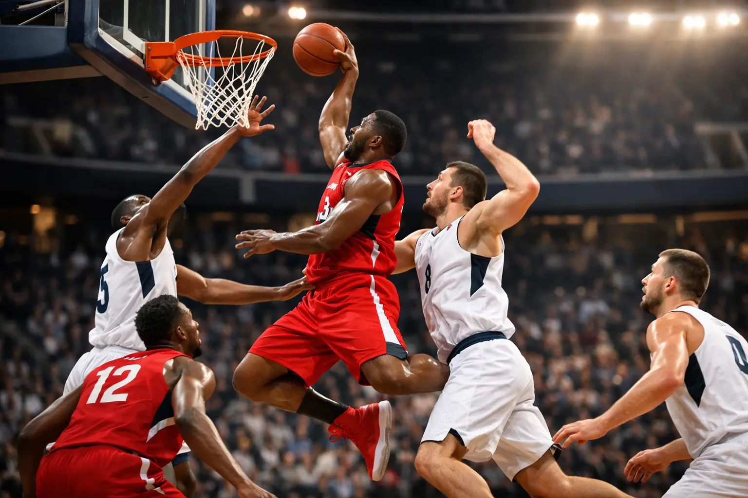 Jugadores de baloncesto NBA en momento de intensa acción en la cancha