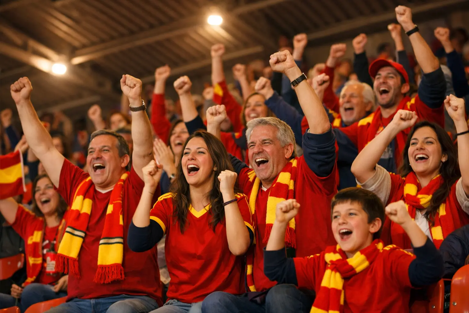 Aficionados de baloncesto celebrando en la tribuna del pabellón