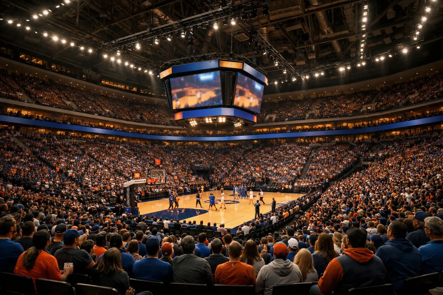 Arena de la NBA llena de aficionados durante un partido nocturno