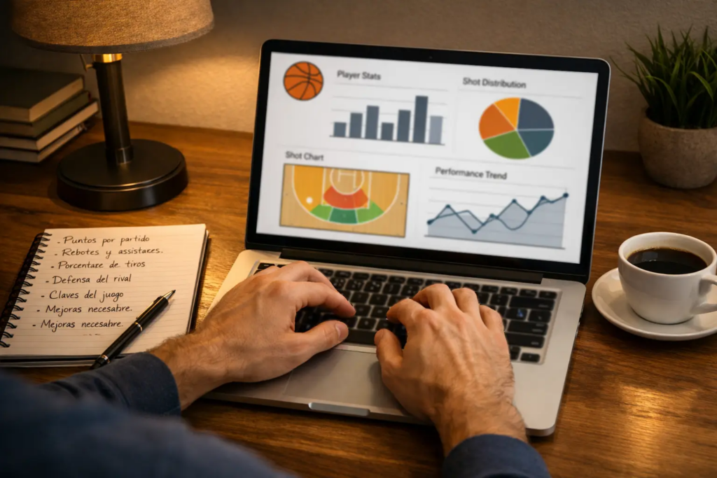 Persona analizando estadísticas de baloncesto en portátil con notas escritas