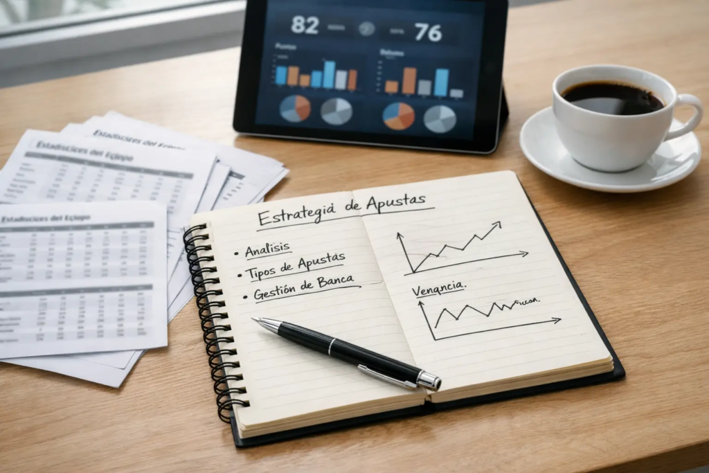 Cuaderno con anotaciones estratégicas de apuestas junto a pantalla con estadísticas