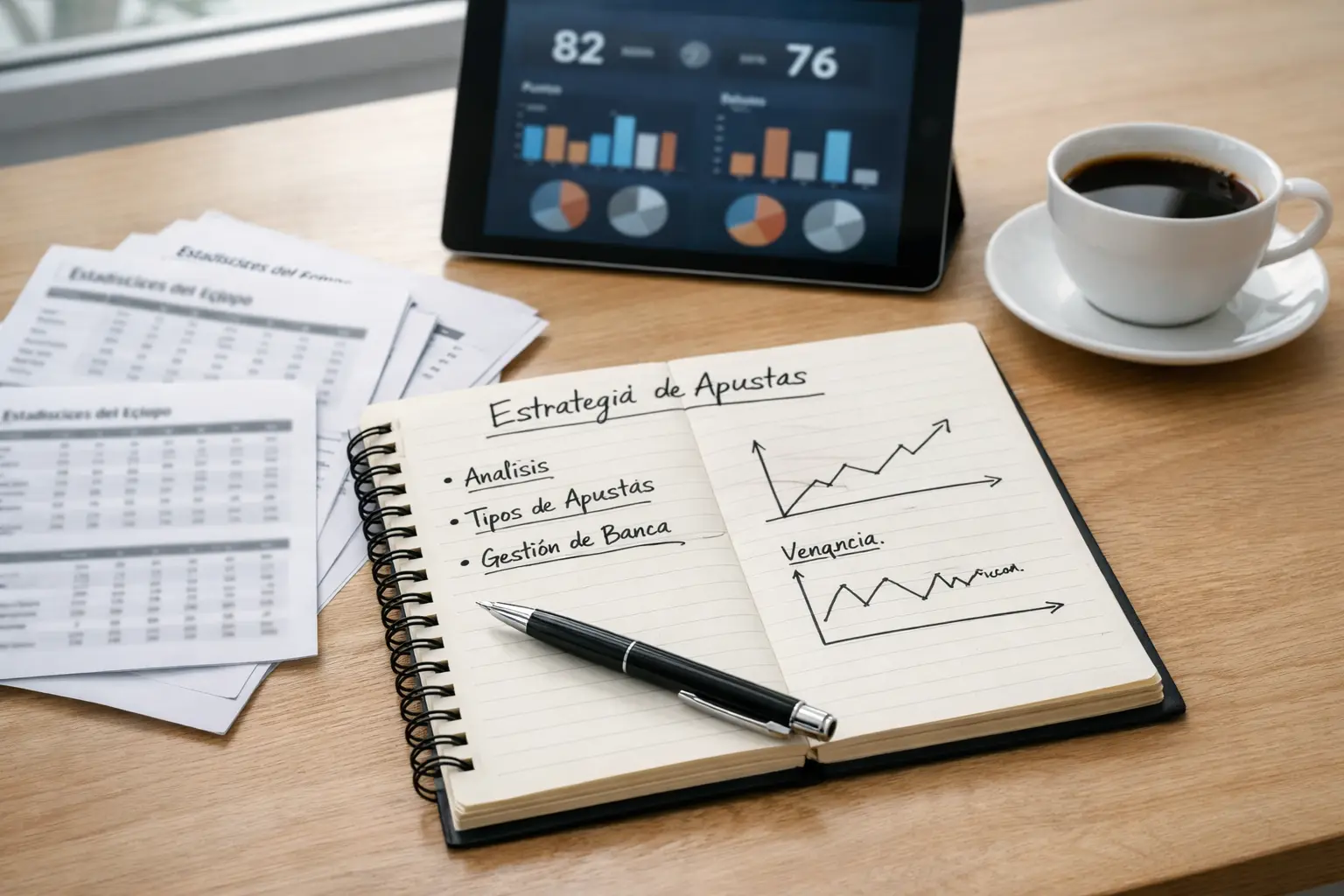 Cuaderno con anotaciones estratégicas de apuestas junto a pantalla con estadísticas