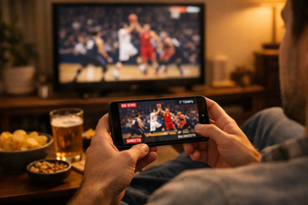 Aficionado siguiendo partido de baloncesto en directo desde smartphone