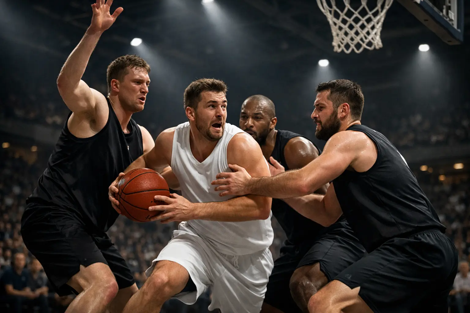 Momento intenso de partido de Euroliga con jugadores compitiendo