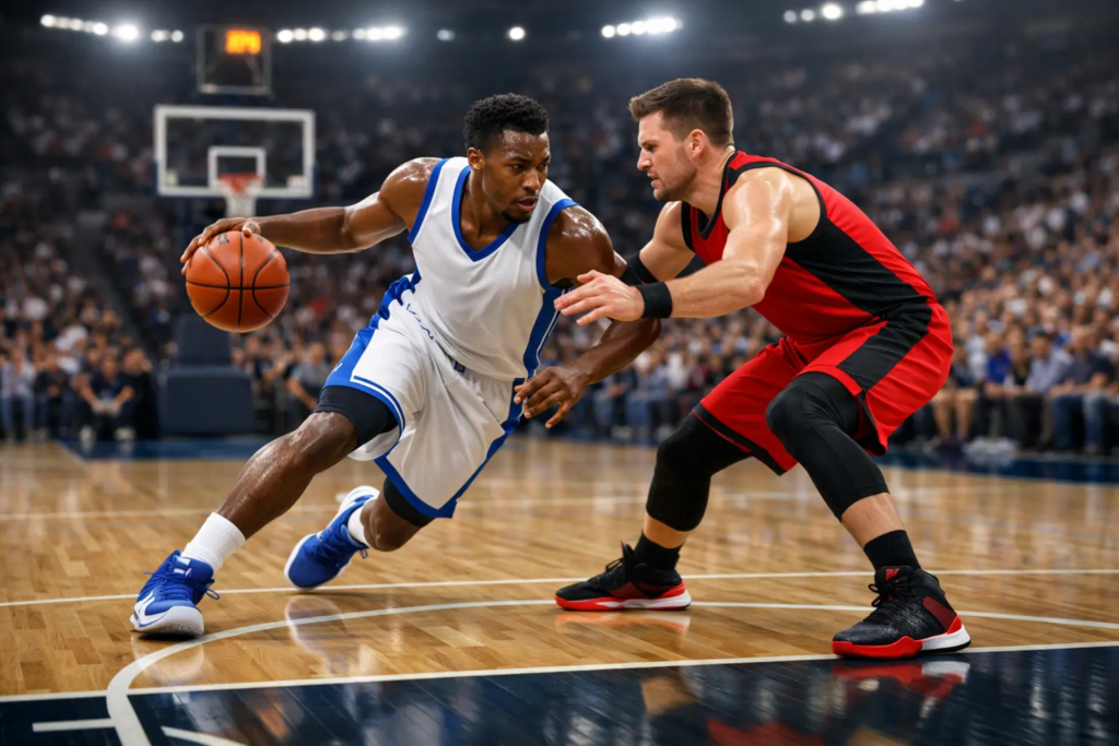 Jugadores de baloncesto profesional disputando un partido en cancha de la NBA