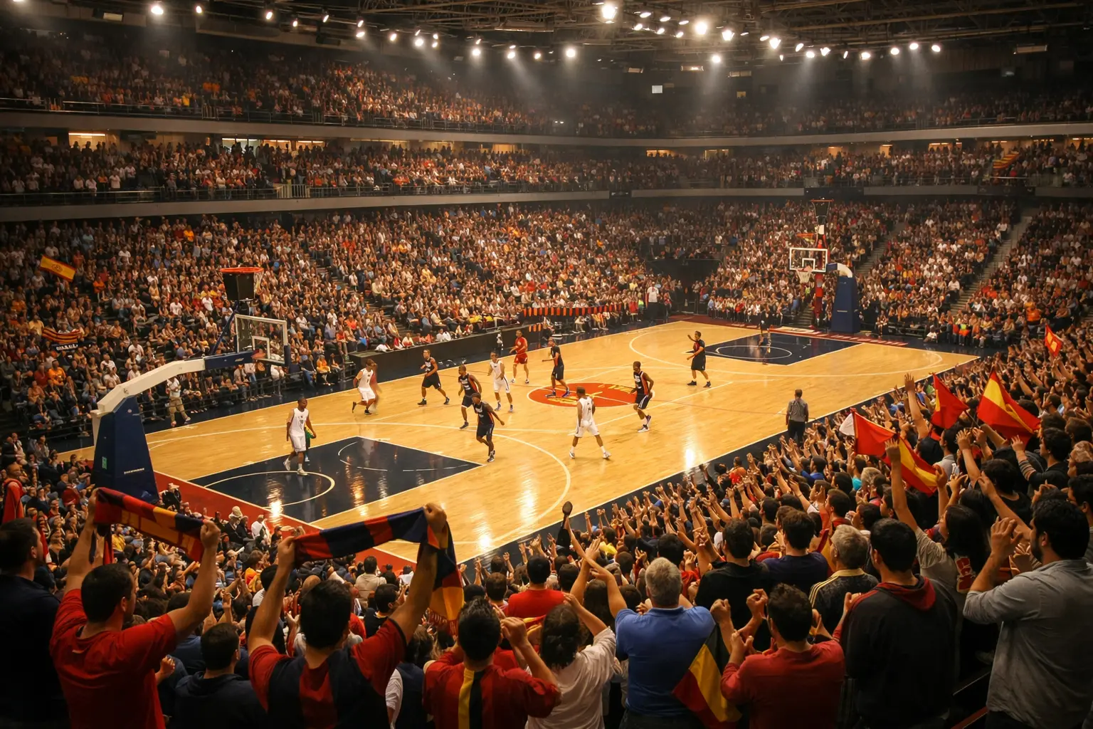 Pabellón de baloncesto ACB lleno de aficionados animando